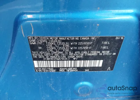 2016 Toyota Rav4 Le z USA, uszkodzony, nr VIN 2T3BFREV7GW479426